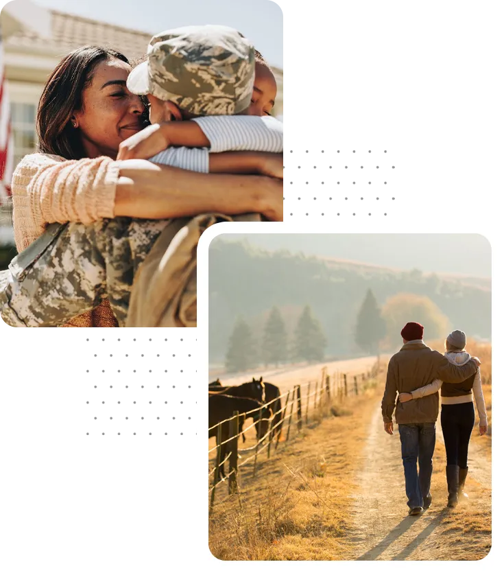 collage of a military family hugging and a couple walking by some horses in a field